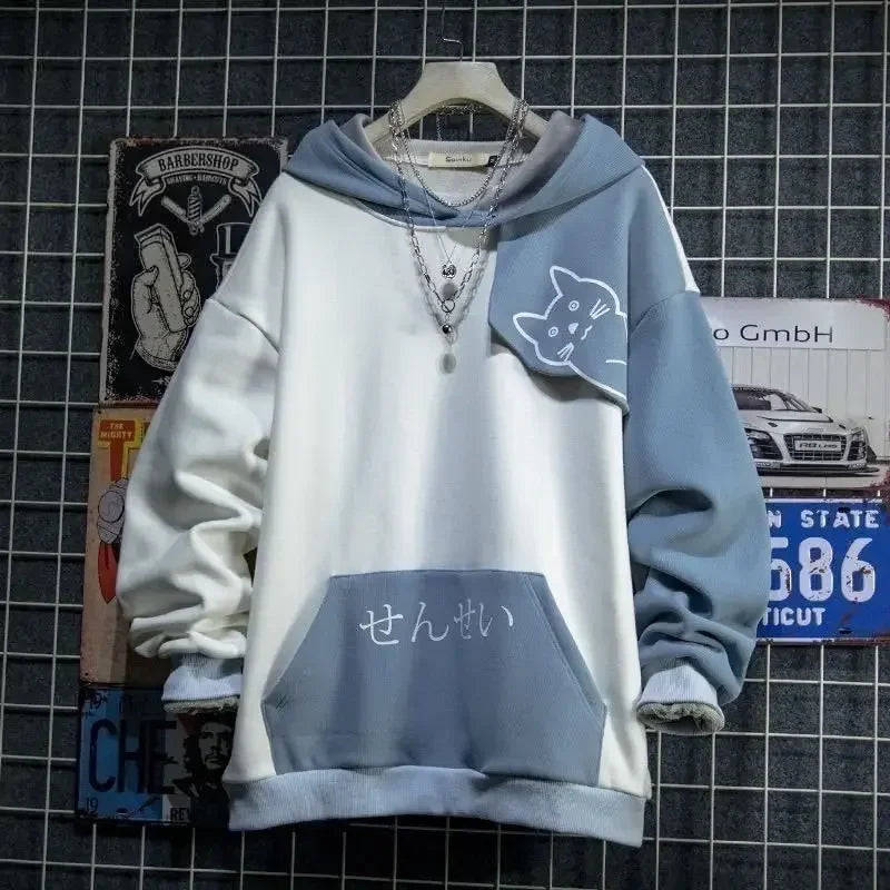 Night Life Japanese Style  Hoodie Cat Patchwork